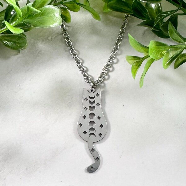 Cat with Moon Phases Necklace - Stainless Steel