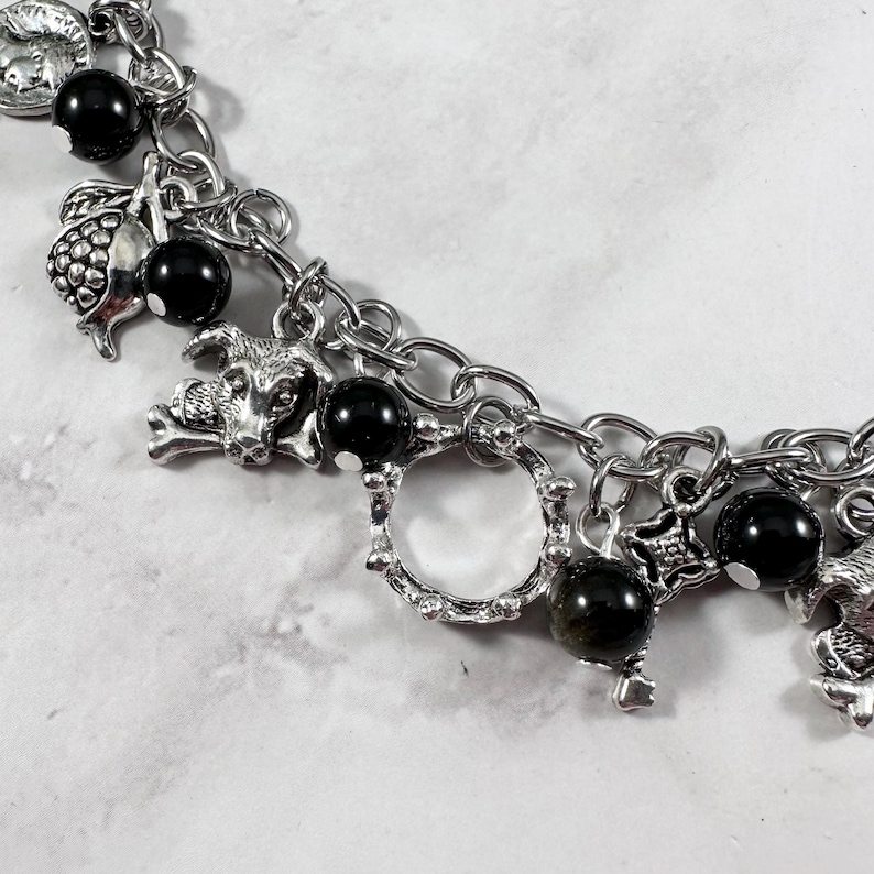 May include: Silver-toned charm bracelet featuring various charms, including a goat, a pomegranate, and a round charm. The bracelet also has black, round beads. The chain is made of silver-colored metal.