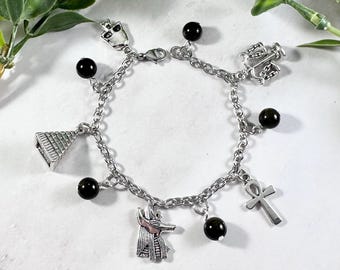 Anubis Charm Bracelet, Egyptian God, Egyptian Mythology, Jewelry, Kemetism, Pagan, Ankh