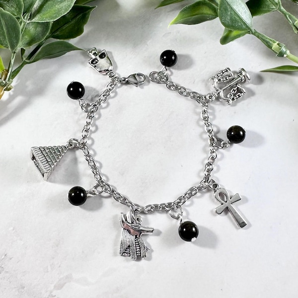 Anubis Charm Bracelet, Egyptian God, Egyptian Mythology, Jewelry, Kemetism, Pagan, Ankh