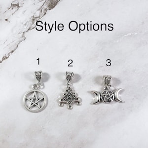 May include: Three silver charm options for jewelry making. Option 1 is a pentacle, option 2 is a tree of life, and option 3 is a triple moon with a pentacle in the center.