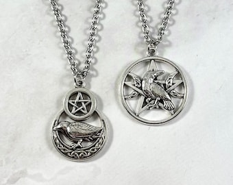Raven Necklaces with Moons and Pentacles, Witchy Jewelry