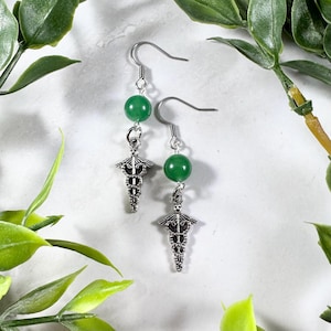 Caduceus Earrings, Mercury, Ermes, Greek Mythology Jewelry, Messenger God, Green Aventurine, Hellenic