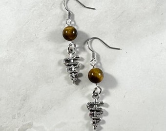 Rod of Asclepius Earrings with Tigers Eye Bead