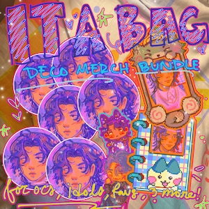 Könnte beinhalten: Ein Ita Bag Deco Merch Bundle mit mehreren runden Abzeichen mit einer Figur mit lila Haaren. Das Bild enthält einen rechteckigen Rahmen mit einer Charakterillustration und eine kleine pixelige Figur. Der Text enthält "ITA BAG" und "for OCs, idols, fans & 3 more!"