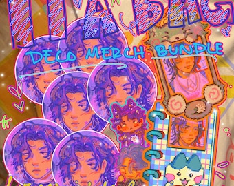 May include: An Ita Bag Deco Merch Bundle with multiple circular badges featuring a character with purple hair. The image includes a rectangular frame with a character illustration, and a small pixelated character. Text includes "ITA BAG" and "for OCs, idols, fans & 3 more!"