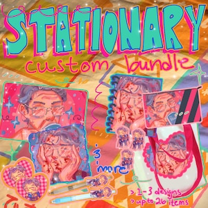 May include: A custom stationery bundle featuring a repeating illustration of a person with glasses and purple hair. The set includes a spiral notebook, a zippered pouch, a tote bag, two pens, and several stickers, all displaying the same character.