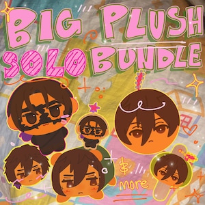 May include: A digital graphic featuring the text BIG PLUSH SOLO BUNDLE and more, displaying several cartoon-style character illustrations with brown hair and orange skin tones, arranged in a collage format with various hand-drawn decorative elements.