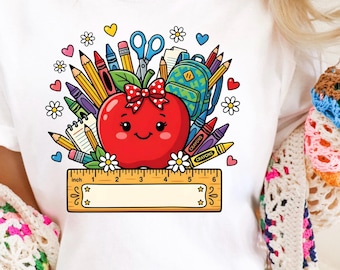 Camiseta personalizada para profesores en colores cómodos, camiseta personalizada de Apple para profesores, camiseta de vuelta al cole, camiseta con el nombre del profesor, camiseta bonita para profesores.