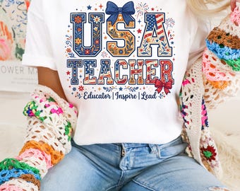 Camiseta para profesores de EE. UU., colores cómodos, camiseta patriótica para profesores, camiseta para profesores del 4 de julio, camiseta roja, blanca y azul para profesores, camiseta de regalo para profesores.