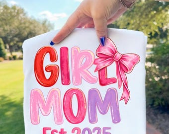 Camiseta para mamá de niña, Camiseta coqueta para mamá, Camiseta rosa con lazo para mamá, Camiseta de maternidad, Regalo lindo para mamá, Camiseta personalizada para mamá, Camiseta del año de fundación