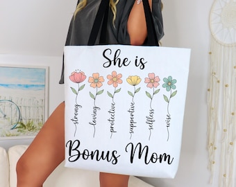 Bolso de mano para madrastra, regalo floral para mamá, "Es fuerte, cariñosa, protectora, comprensiva y sabia", regalo para madrastra, bolso para el Día de la Madre, varios tamaños.