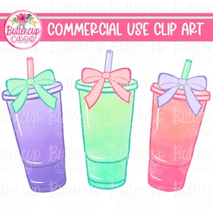 May include: Three watercolor illustrations of colorful, reusable, plastic cups with pink bows and straws. The cups are purple, green, and pink.