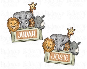 Kids Zoo Animals PNG / Boy name Girl name / Lion Elephant Giraffe / Add name / Digital Download / Sublimation Design