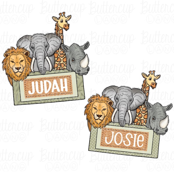 Kids Zoo Animals PNG / Boy name Girl name / Lion Elephant Giraffe / Add name / Digital Download / Sublimation Design