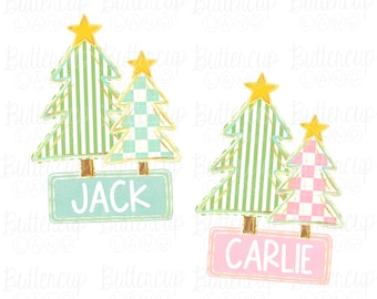 May include: Two Christmas tree illustrations with gold star toppers. One set has a green and white striped tree with a smaller checkered tree. The other set has a green and white striped tree with a pink and white checkered tree. Each set has a sign with a name: "JACK" and "CARLIE".