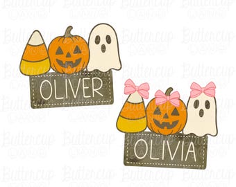May include: Two Halloween-themed name tags. One features candy corn, a jack-o'-lantern, and a ghost with the name "OLIVER." The other has the same elements, with pink bows and the name "OLIVIA."