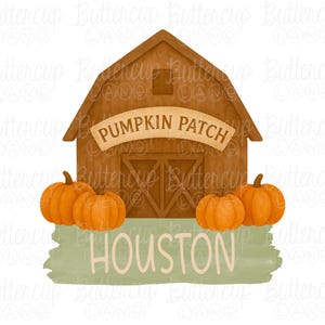 Op de afbeelding: Digitale illustratie van een bruine schuur met de tekst "PUMPKIN PATCH" op een banner. Oranje pompoenen staan voor de schuur en het woord "HOUSTON" staat eronder op een groene achtergrond. De afbeelding heeft een herfstthema.