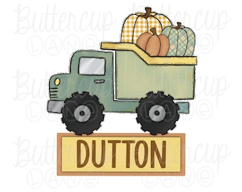 Op de afbeelding: Een illustratie in aquarel van een groene vrachtwagen met pompoenen. De pompoenen zijn in tinten oranje, geel geruit en groen geruit. De vrachtwagen heeft zwarte wielen en de naam "DUTTON" staat op een bord.