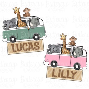May include: Two illustrated vans with animal passengers. The green van has a giraffe, elephant, and rhinoceros. The pink van has a giraffe, elephant, and rhinoceros. The green van has the name Lucas on a sign below it. The pink van has the name Lilly on a sign below it.