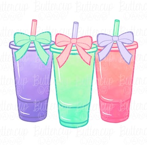 May include: Three colorful plastic cups with straws and bows. The cups are purple, green, and pink. Each cup has a different colored bow.
