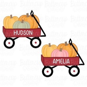 May include: Two red wagons, each filled with pumpkins. One wagon has the name "HUDSON" and the other has "AMELIA" in white text. The pumpkins are various shades of orange, yellow, and green.