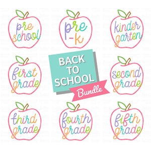 May include: A collection of colorful apple-shaped graphics, each with a grade level label, including "Preschool," "Pre-K," "Kindergarten," "First Grade," "Second Grade," "Third Grade," "Fourth Grade," and "Fifth Grade." A teal banner reads "Back to School Bundle."