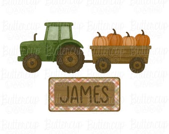 May include: An illustration of a green tractor pulling a wooden wagon filled with four orange pumpkins. Below, a rectangular sign with the name "JAMES" is displayed on a plaid background, evoking a fall harvest theme.