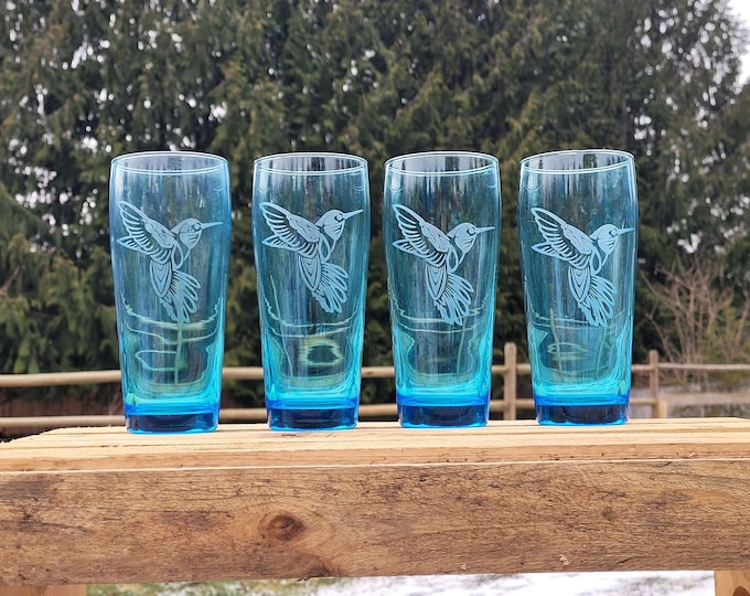 Etched blue hummingbird water glass set