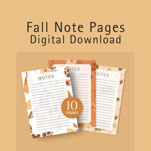 May include: Three digital note pages featuring fall-themed illustrations of pears, leaves, and flowers. Each page has a white lined area with the word NOTES at the top. A circular orange badge in the center displays the text 10 pages.