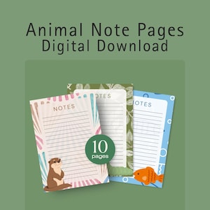 May include: Three rectangular note pages with horizontal lines and the word NOTES printed at the top. One page features a brown otter, one has a green leaf pattern, and one displays a blue background with an orange fish. A green circle says 10 pages.