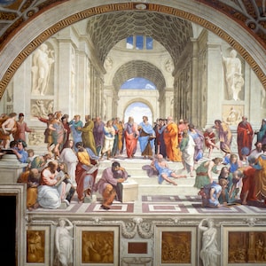 May include: A Renaissance fresco depicting a gathering of philosophers and scholars in an architectural setting. The artwork features numerous figures in colorful robes, engaged in discussion and debate, with classical architectural elements.
