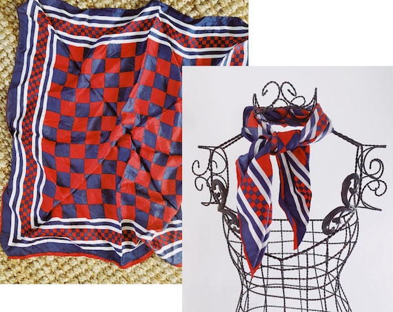 Checker Board Scarf - Vintage Red White and Blue C