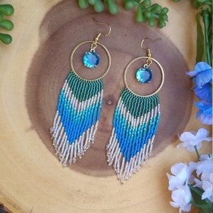 Blue and Green Beaded Fringe Hoop Long Earrings -  Unique Turquoise Earrings Boho Chic - Jewelry Boho Gift, Unique Gift for Her
