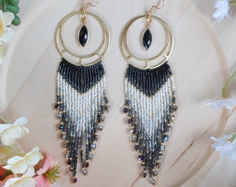 Black, White, Gray and Gold Beaded Fringe Hoop Long Earrings