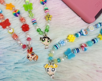 Powerpuff Girls aangepaste telefoonriem - sleutelkoord met kralen voor telefoonbedel - kawaii telefoonaccessoire - karakter bloesem, boterbloem, bubbels Kawaii Y2K