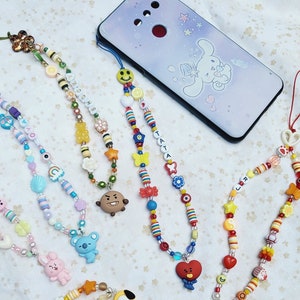 K-Pop Custom Phone Charm, BT21 Beaded Phone Strap Lanyard - BTSMerch Smiley Face, Aesthetic Y2K Phone Accessories