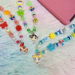 Powerpuff Girls Custom Phone Strap - Beaded Phone Charm Lanyard - Kawaii Phone Accessory - Blossom, Buttercup, Bubbles Character Kawaii Y2K