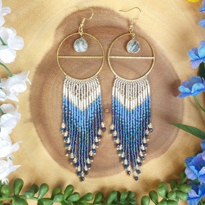 Silver, Gold and Blue Iris Beaded Fringe Hoop Long Earrings -  Unique Earrings Jewelry Boho Gift, Unique Gift for Her