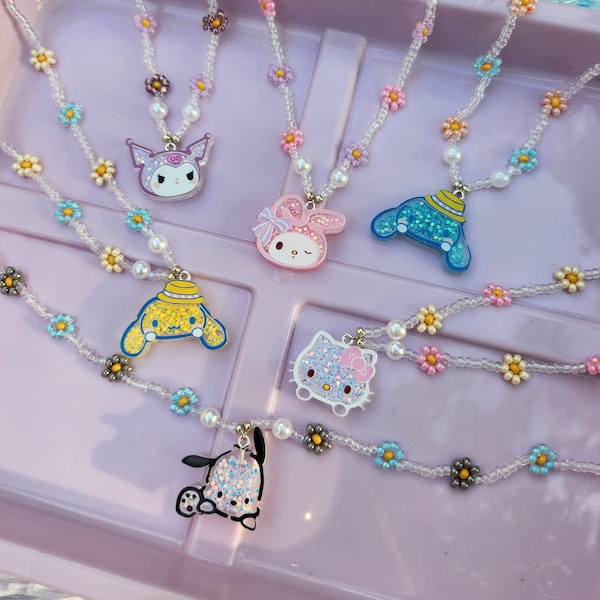 Kitty & Friends Flower Daisy Beaded Necklace - Resin Glitter Kuku Cinna Pocha Melo Aesthetic 90s Y2K - Sanrio Gift Kawaii
