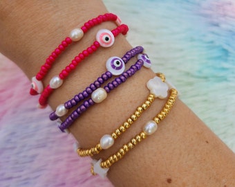 Evil Eye Wrap Bracelet - Layered Bracelet with Mother of Pearl Charms  - Star and Heart Bracelet with Clasp