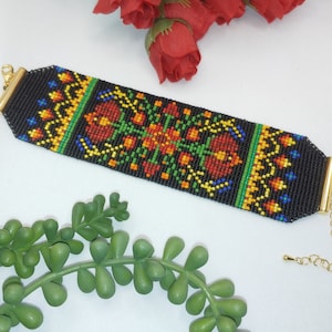 Extra Wide Beaded Loom Bracelet, Floral Ethnic Cuff Bracelet , Red Black and Orange Seed Bead Bracelet Boho , Unique Gift for Her Jewelry