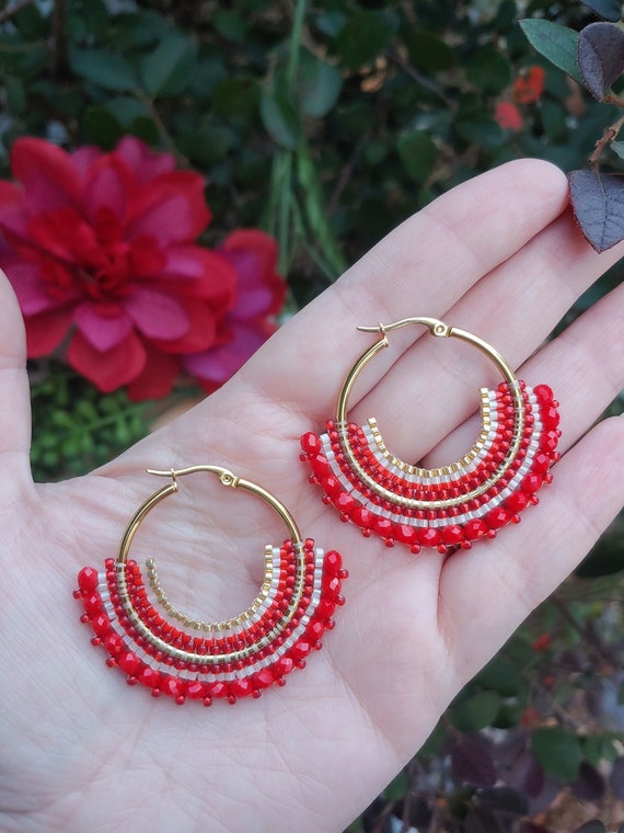Red Hoop Beaded Earrings Christmas Holiday Earrings with Crystals and Seed Beads Jewelry Boho Gift Unique Gift for Her