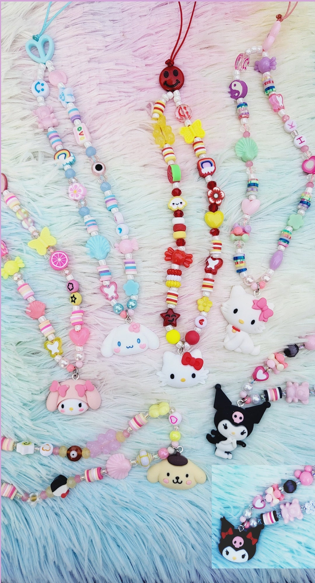 Kawaii Sanrio Hello Kitty Mobile Phone Pendant Inspearl Beaded Bracelet Bag  Decoration Accessories for Girls Sweet Keychain Gift