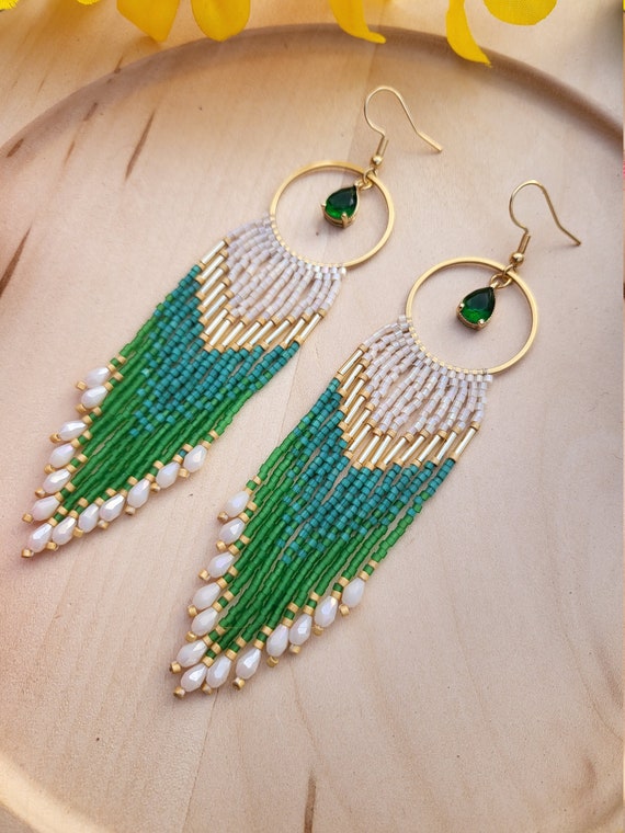 Buy Beaded Emerald Green and Cream Fringe Hoop Earrings Seed Online in India   Etsy