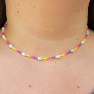 Fresh Water Pearl Neon Rainbow Beaded Necklace - Unique Necklace in Neon Colors- Jewelry Boho Gift, Unique Gift for Her