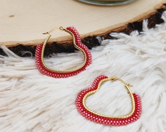 Valentine's Day Beaded Heart Hoop Earrings Handmade Seed Bead