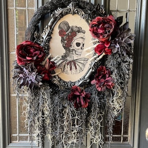 Gothic Skeleton Wreath – Victorian Halloween Door Decor, Dark Floral Wreath with Roses, Spooky Gothic Home Wall Hanging