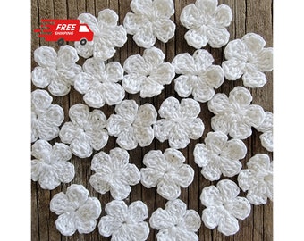 Crochet White Mini Flowers 1", ready to use crochet flowers applique, , bulk small flower appliques