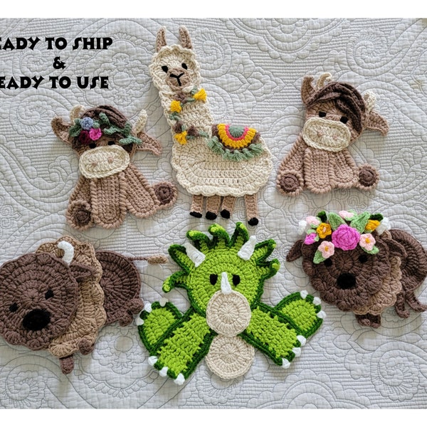 ready to use Crochet Applique, Animal Applique, Crochet Buffalo, Crochet Embellishments,  crochet Applique Dino Crochet Cow, Crochet Llama